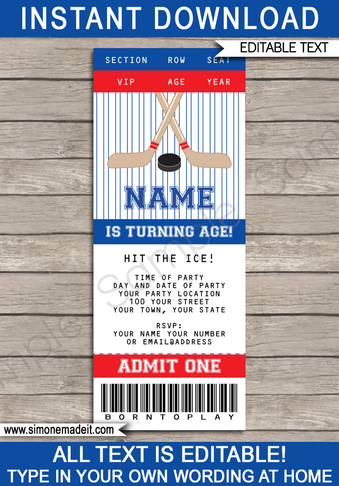 Hockey Ticket Invitations Birthday Party Template