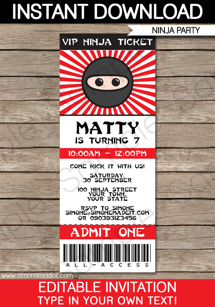 Ninja Party Ticket Invitations | Birthday Party | Editable DIY Theme Template | INSTANT DOWNLOAD $7.50 via SIMONEmadeit.com