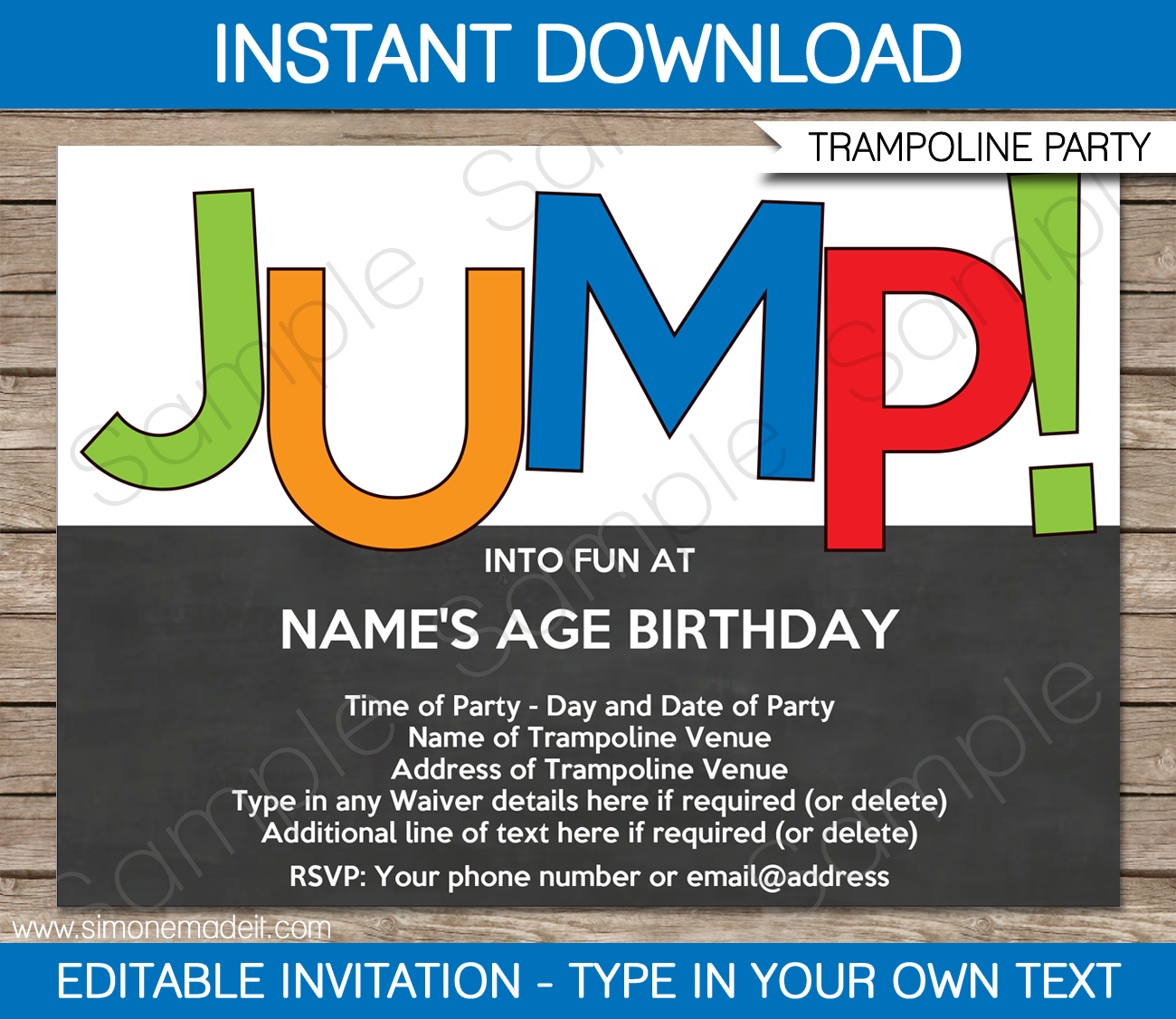 Trampoline Party Invitations | Birthday Party | Editable DIY Theme Template | INSTANT DOWNLOAD $7.50 via SIMONEmadeit.com