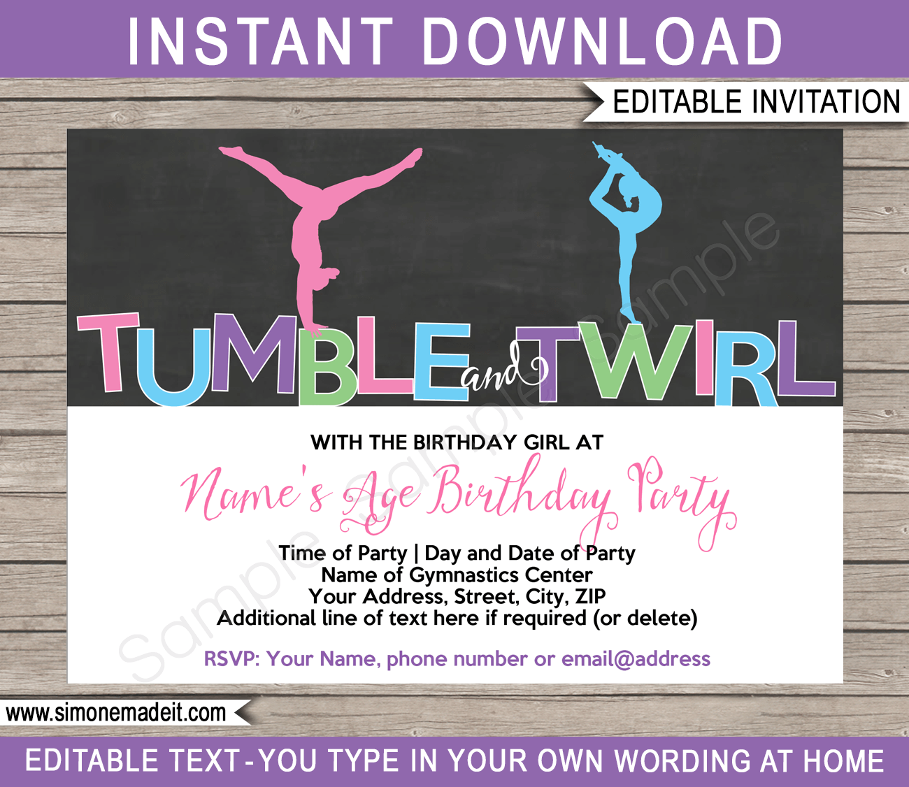 Gymnastics Party Invitations | Birthday Party | Editable DIY Theme Template | INSTANT DOWNLOAD $7.50 via SIMONEmadeit.com