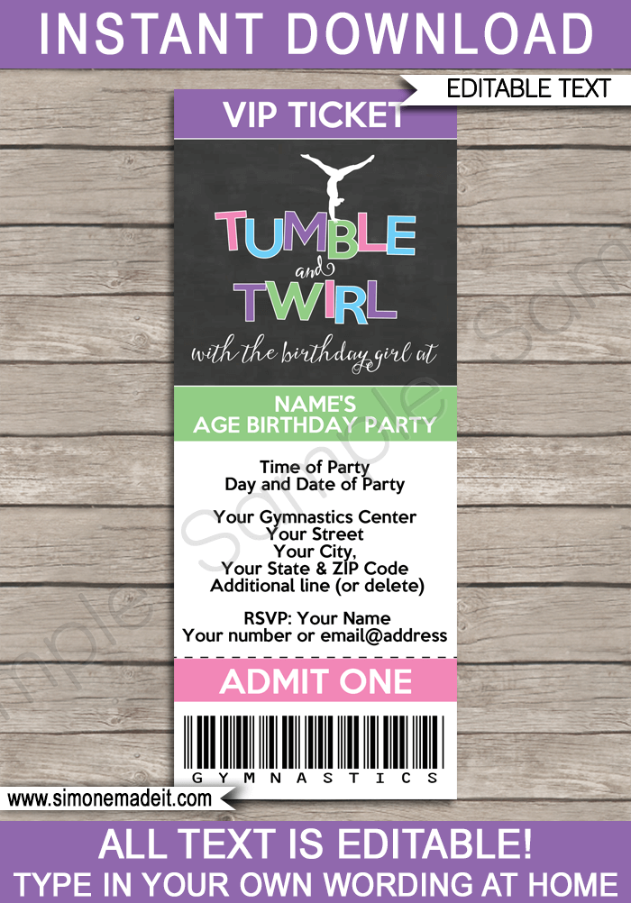 Gymnastics Party Ticket Invitations | Birthday Party | Editable DIY Theme Template | INSTANT DOWNLOAD $7.50 via SIMONEmadeit.com