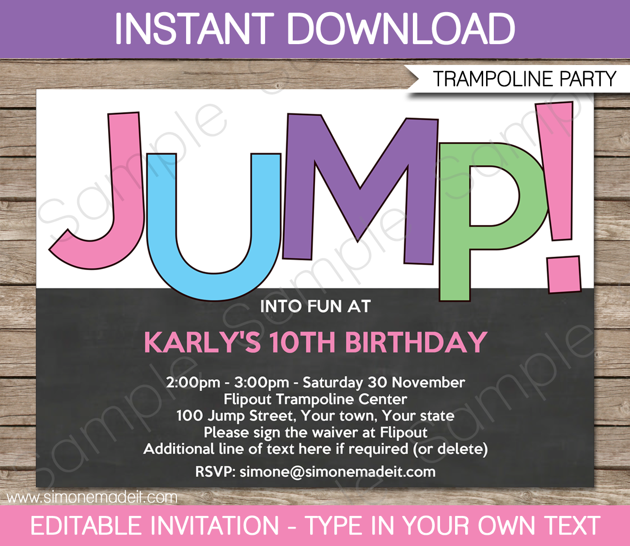 Trampoline Birthday Party Invitations | Girls | Editable DIY Theme Template | INSTANT DOWNLOAD $7.50 via SIMONEmadeit.com