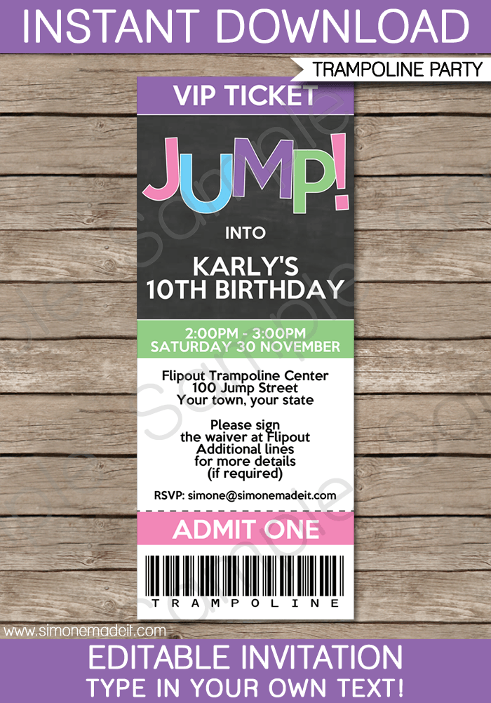 Trampoline Birthday Party Ticket Invitations | Girls | Editable DIY Theme Template | INSTANT DOWNLOAD $7.50 via SIMONEmadeit.com