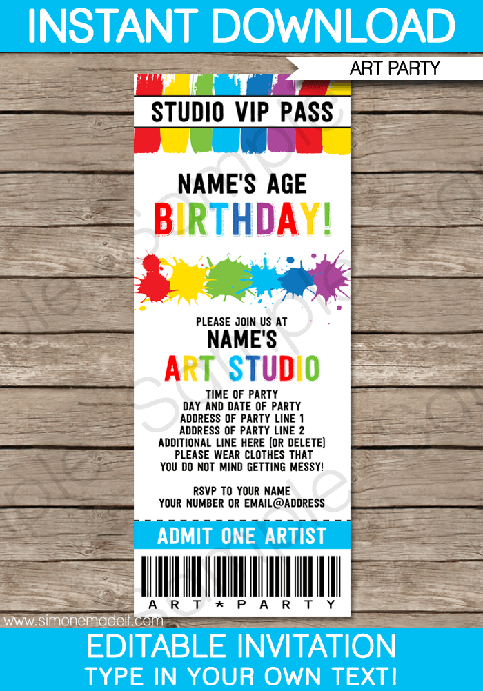 Art Party Ticket Invitations | Paint Party | Birthday Party | Editable DIY Theme Template | INSTANT DOWNLOAD $7.50 via SIMONEmadeit.com