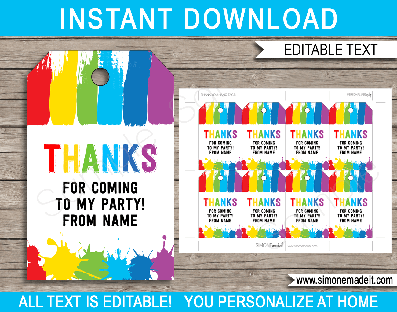 Art Party Favor Tags | Thank You Tags | Paint Birthday Party Theme | Editable DIY Template | via SIMONEmadeit.com