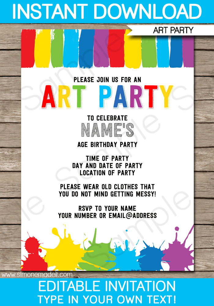Art Party Invitations Template | Printable Birthday Party Invite | Paint Party
