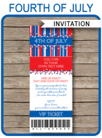 Fourth of July Party Ticket Invitations | 4th July Theme | DIY Editable Template