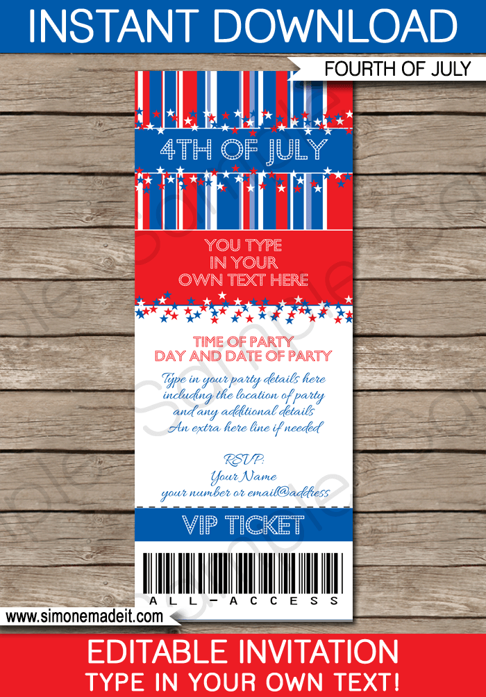 4th of July Party Ticket Invitations | Fourth of July | Editable DIY Theme Template | INSTANT DOWNLOAD $5.00 via SIMONEmadeit.com