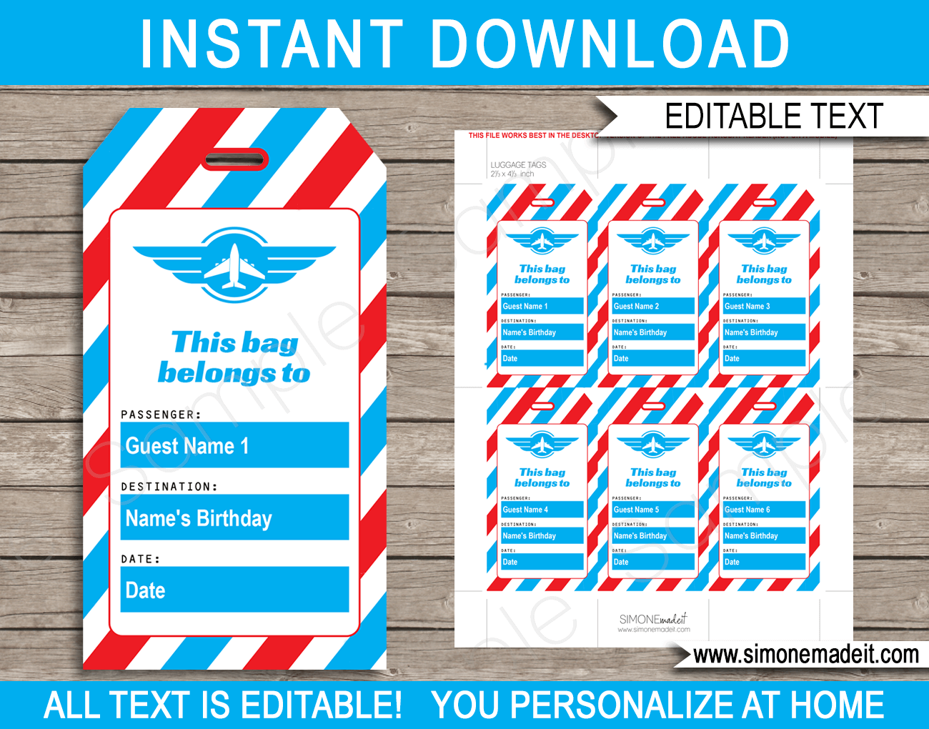 Printable Airplane Party Luggage Tags Template | Favor Tags | Thank You Tags | Birthday Party | Editable DIY Template | $3.00 INSTANT DOWNLOAD via SIMONEmadeit.com