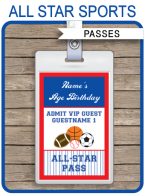 All Star Sports Party VIP Passes | Custom Party Favors | Editable DIY Template