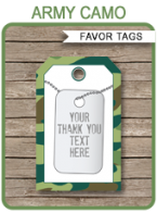 Army Camo Party Favor Tags | Thank You Tags | Editable Birthday Party Template