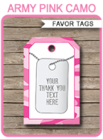 Pink Camo Party Favor Tags | Thank You Tags | Editable Birthday Party Template