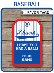 Baseball Party Favor Tags | Thank You Tags | Editable Birthday Party Template