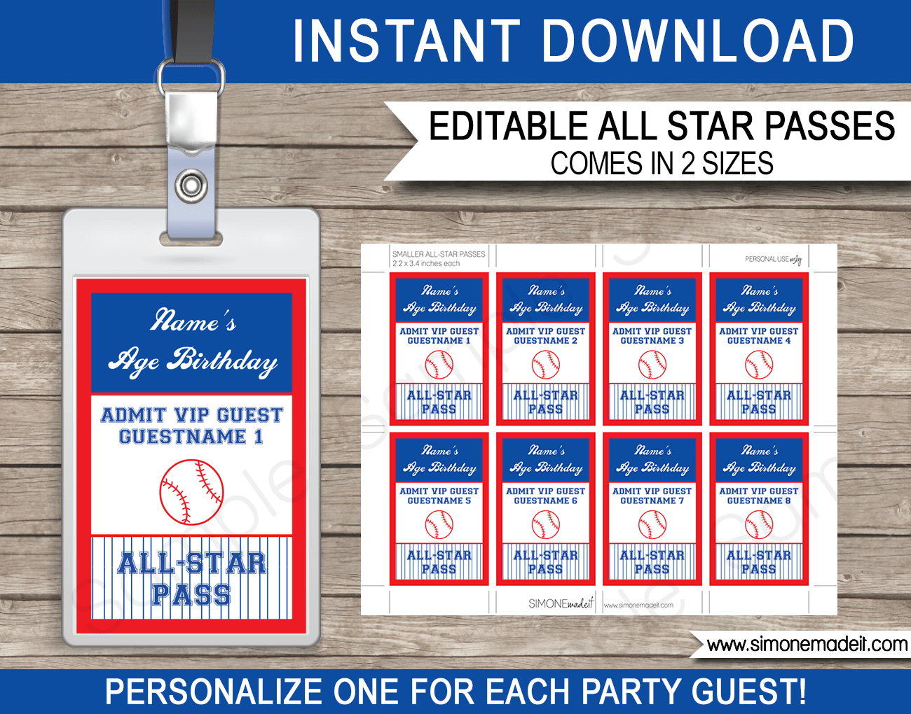 Baseball Party All Star VIP Passes | Printable Inserts | Party Favors | Birthday Party | Editable DIY Template | $3.50 INSTANT DOWNLOAD via SIMONEmadeit.com