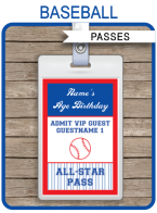 Baseball Party All Star VIP Passes | Custom Party Favors | Editable DIY Template