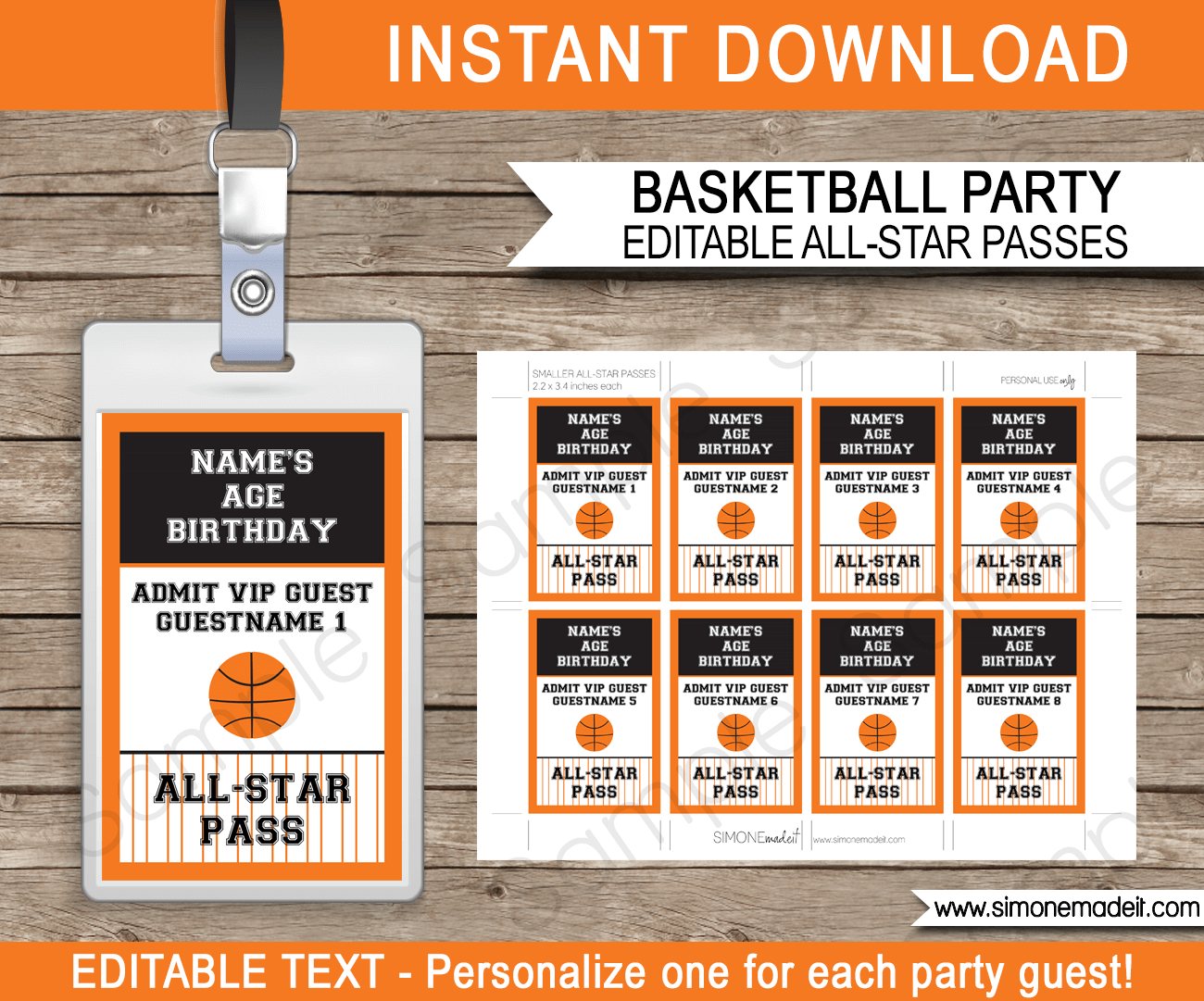 Basketball Party All Star VIP Passes | Printable Inserts | Party Favors | Birthday Party | Editable DIY Template | $3.50 INSTANT DOWNLOAD via SIMONEmadeit.com
