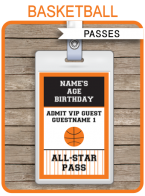 Basketball Party All Star Passes | VIP Pass | Custom Party Favors | Editable DIY Template