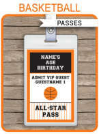 Basketball Party All Star Passes | VIP Pass | Custom Party Favors | Editable DIY Template