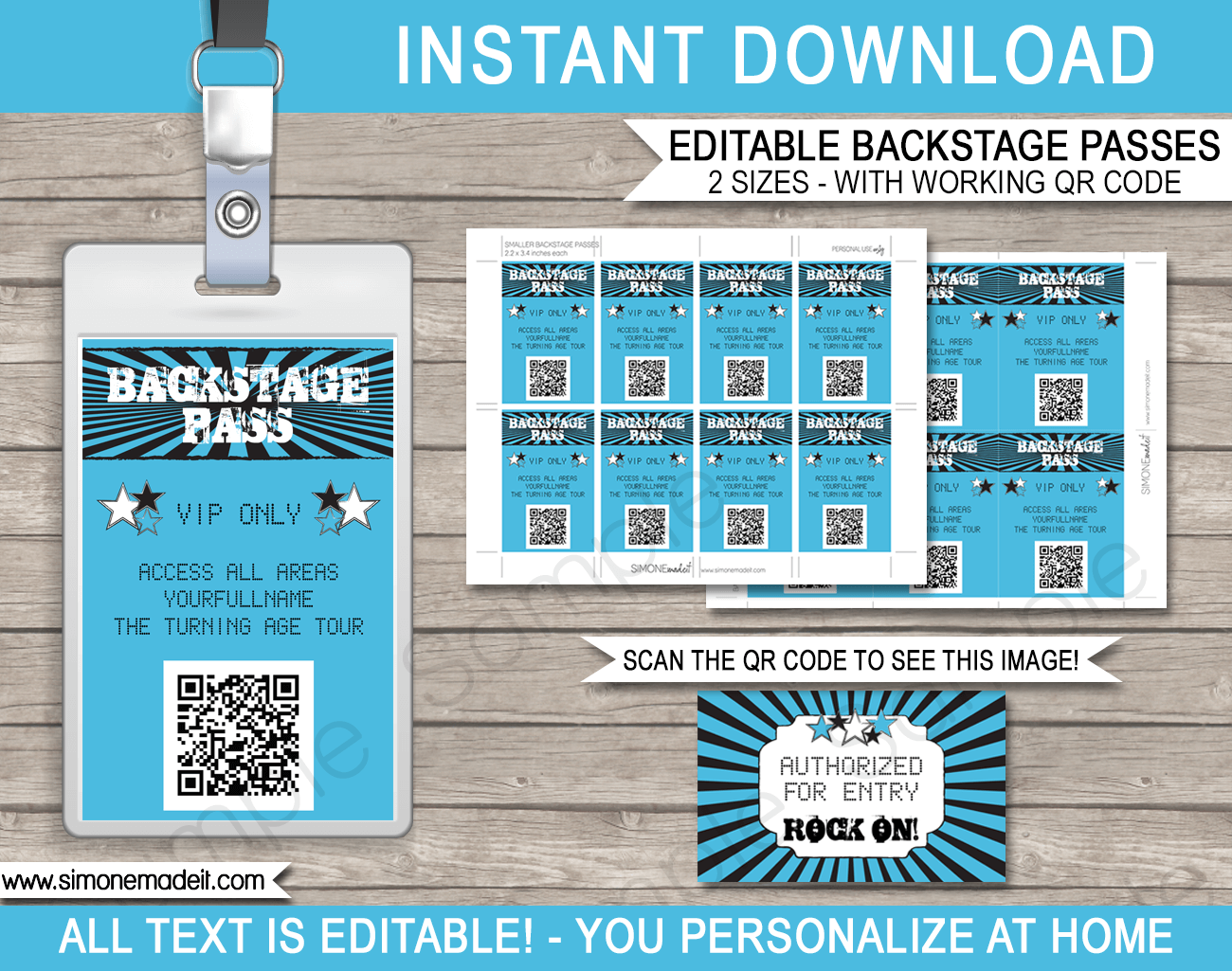 Rockstar Birthday Party Backstage Passes | Printable Inserts | QR Codes | Party Favors | Concert Theme | Editable DIY Template | $3.50 INSTANT DOWNLOAD via SIMONEmadeit.com