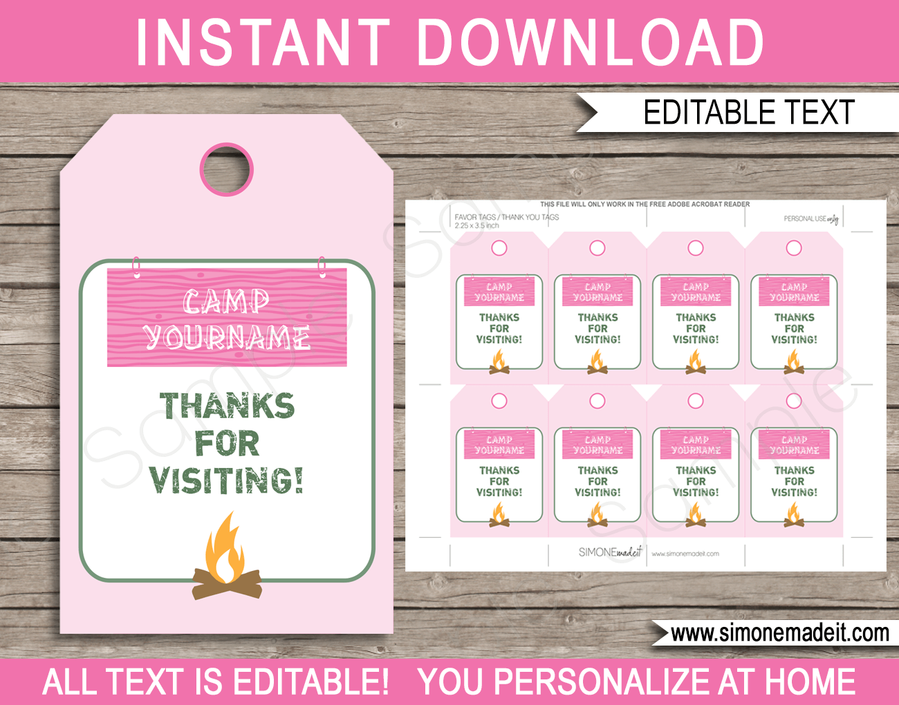 Pink Camping Birthday Party Favor Tags | Thank You Tags | Editable DIY Template | $3.00 INSTANT DOWNLOAD via SIMONEmadeit.com