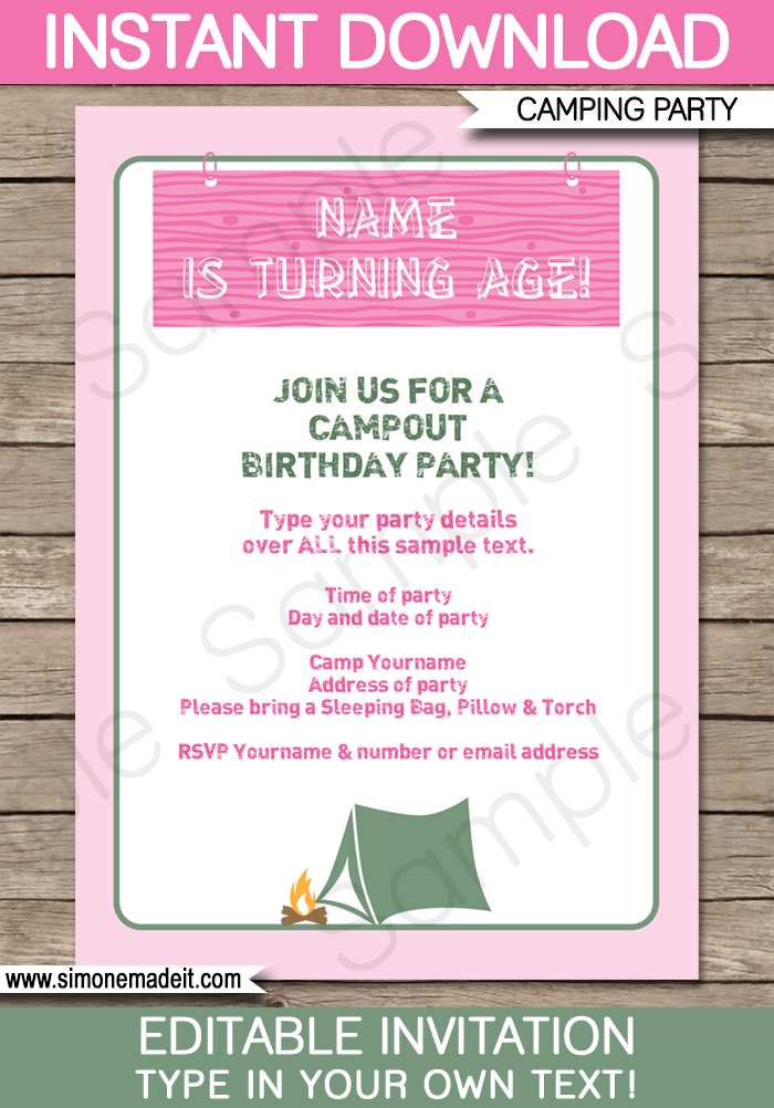Pink Girl Camping Birthday Party Invitations | Girls Camping Party Theme | Editable DIY Template | $7.50 INSTANT DOWNLOAD via SIMONEmadeit.com