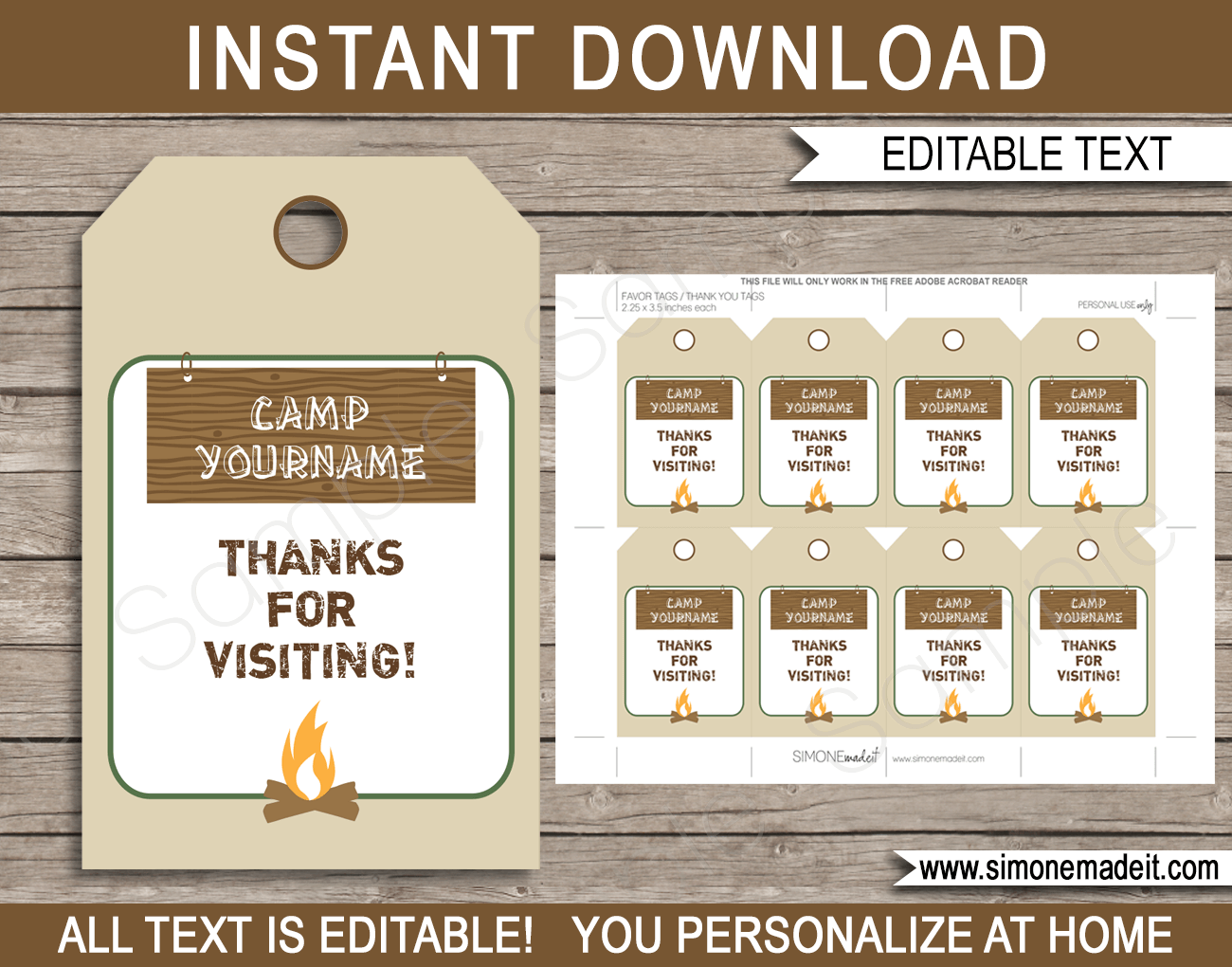 Camping Party Favor Tags | Thank You Tags | Birthday Party | Editable DIY Template | $3.00 INSTANT DOWNLOAD via SIMONEmadeit.com