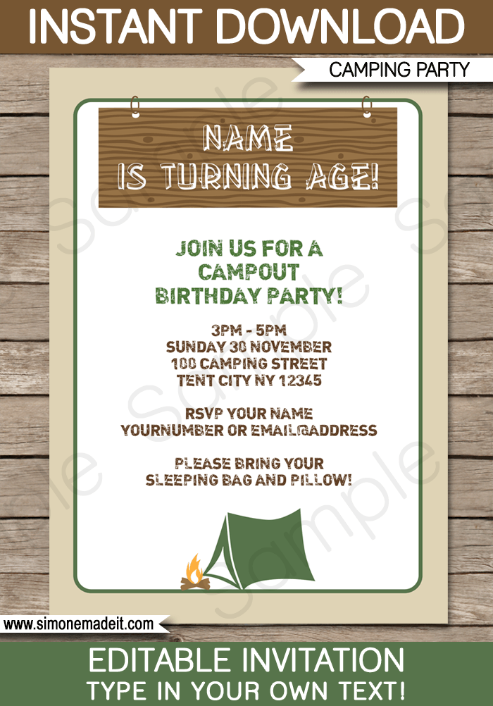 Camping Party Invitations Template | Camping Birthday Party Theme | DIY Editable Text | $7.50 INSTANT DOWNLOAD via SIMONEmadeit.com