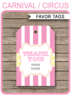 Carnival Party Favor Tag | Thank You Tags | Pink and Yellow | Editable DIY Template