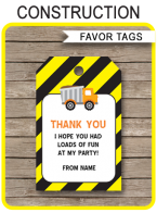 Construction Party Favor Tags | Thank You Tags | Dump Truck | Birthday Party | Editable DIY Template