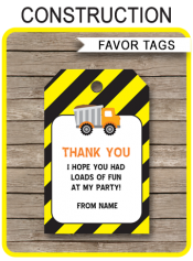 Construction Party Favor Tags | Thank You Tags | Dump Truck | Birthday Party | Editable DIY Template