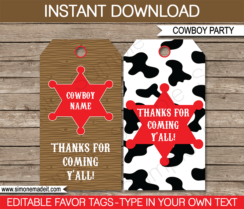 Cowboy Party Favor Tags | Thank You Tags | Birthday Party | Editable DIY Template | $3.00 INSTANT DOWNLOAD via SIMONEmadeit.com