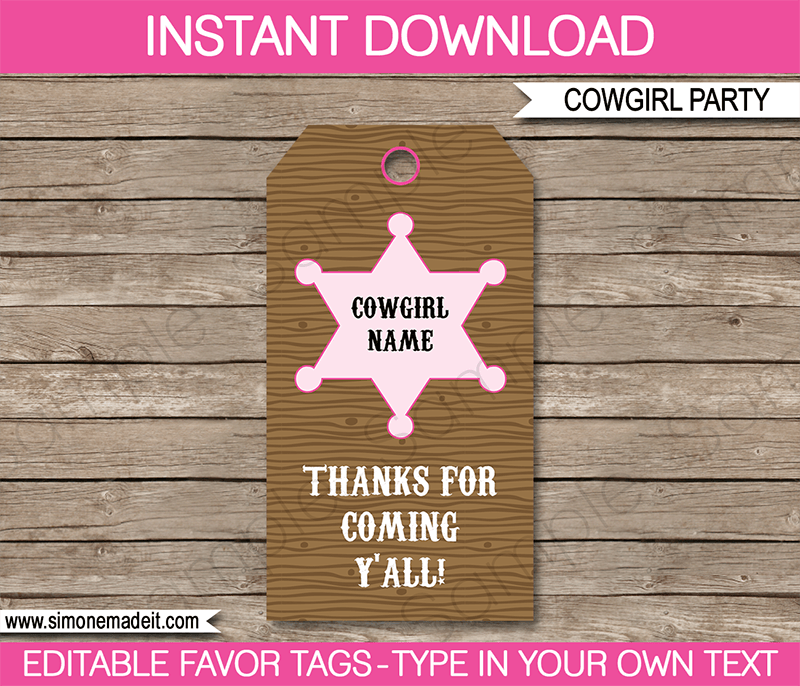 Cowgirl Party Favor Tags | Thank You Tags | Birthday Party | Editable DIY Template | $3.00 INSTANT DOWNLOAD via SIMONEmadeit.com