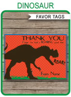Dinosaur Birthday Party Favor Tags template – green, blue & orange