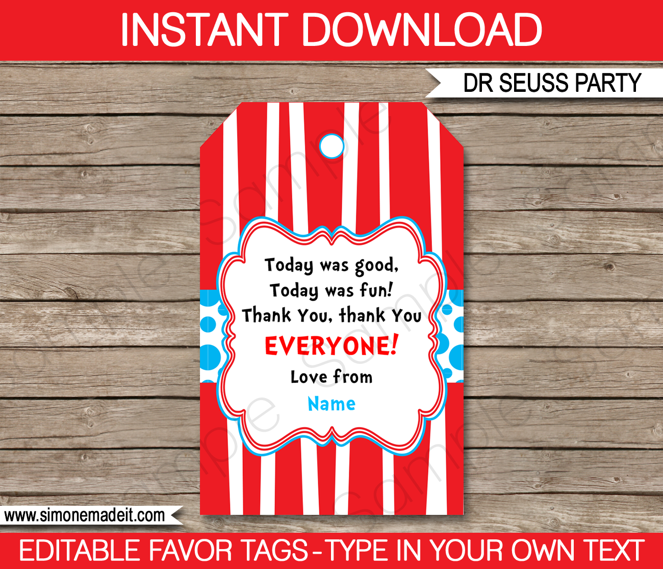Dr Seuss Party Favor Tags | Thank You Tags | Birthday Party | Editable DIY Template | $3.00 INSTANT DOWNLOAD via SIMONEmadeit.com