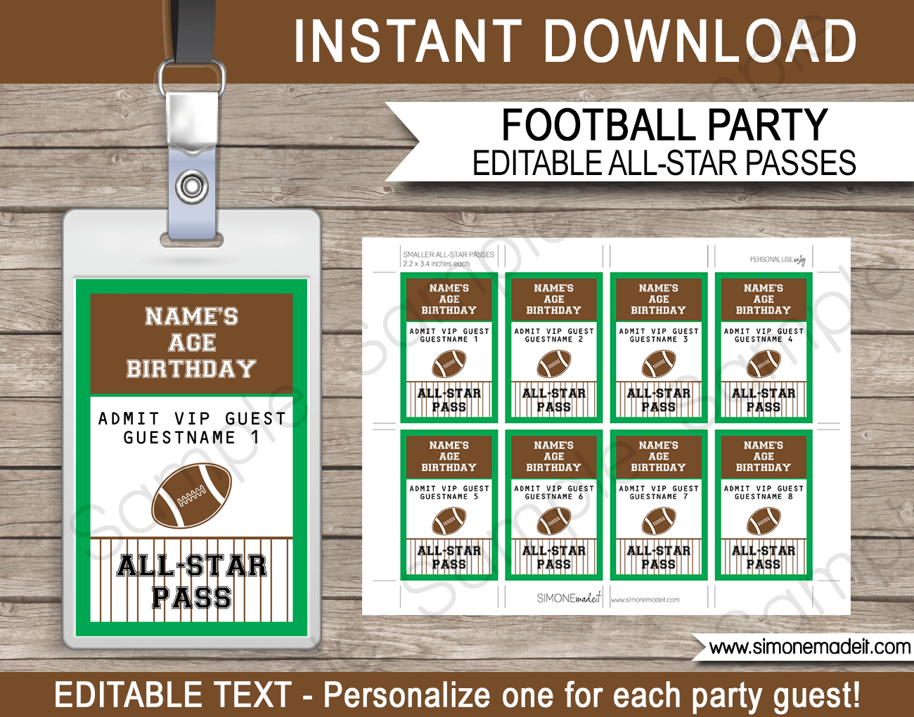 Football Party All Star VIP Passes | Printable Badges | Party Favors | Birthday Party | Editable DIY Template | $3.50 INSTANT DOWNLOAD via SIMONEmadeit.com