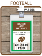 Football Party All Star VIP Passes | Custom Party Favors | Editable DIY Template