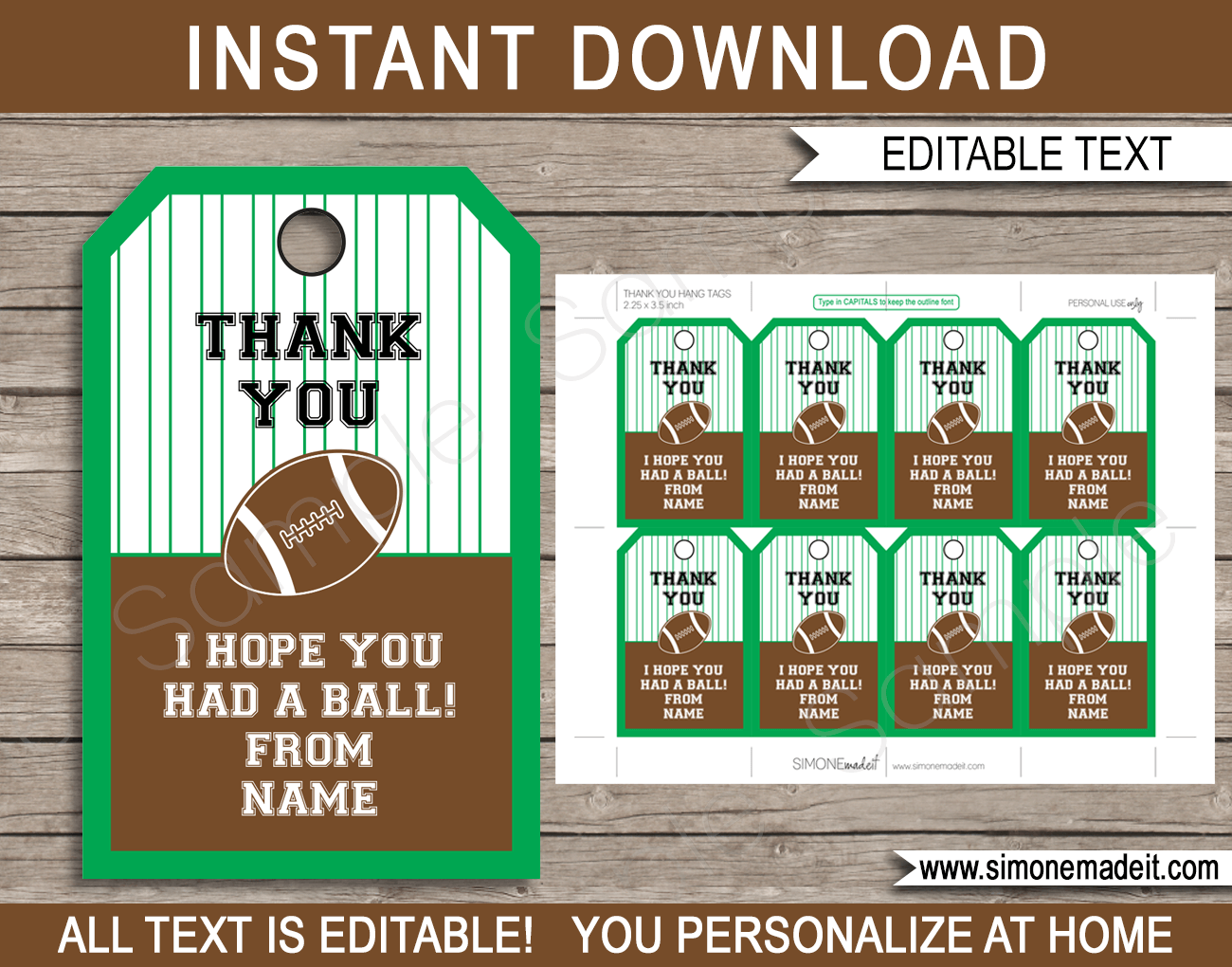 Football Party Favor Tags | Thank You Tags | Game Day | Birthday Party | Tailgate Party | Editable DIY Template | $3.00 INSTANT DOWNLOAD via SIMONEmadeit.com