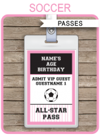 Girls Soccer Birthday Party All Star VIP Passes | Pink | Custom Party Favors | Editable DIY Template