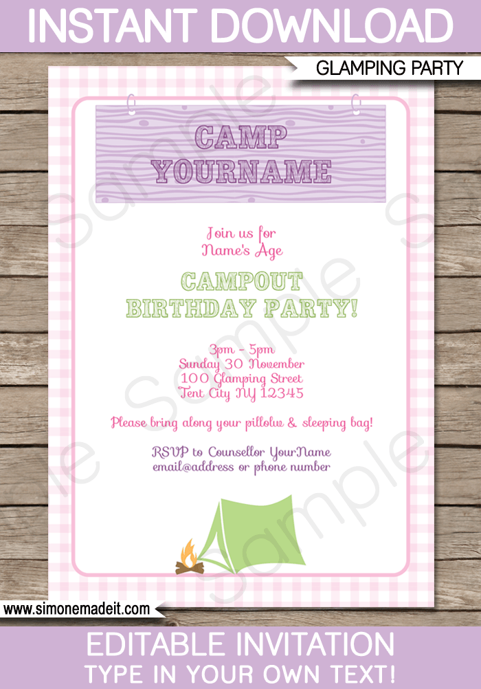 Glamping Birthday Party Invitations | Girls Glamping Party Theme | Editable DIY Template | $7.50 INSTANT DOWNLOAD via SIMONEmadeit.com