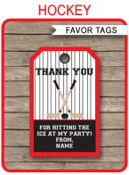 Hockey Birthday Party Favor Tags template – red & black
