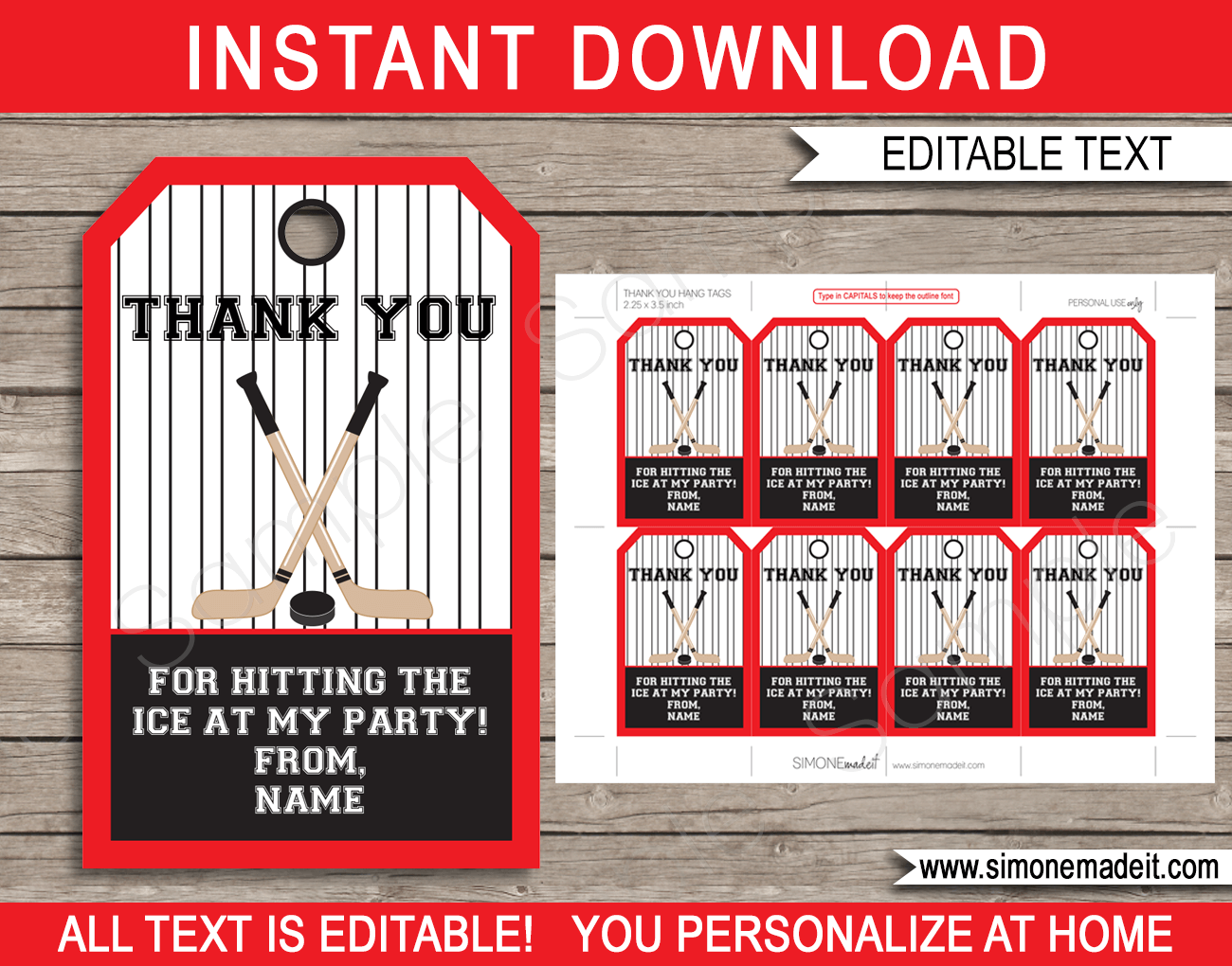 Hockey Birthday Party Favor Tags Template | Printable Thank You Tags | Editable DIY Template | $3.00 INSTANT DOWNLOAD via SIMONEmadeit.com