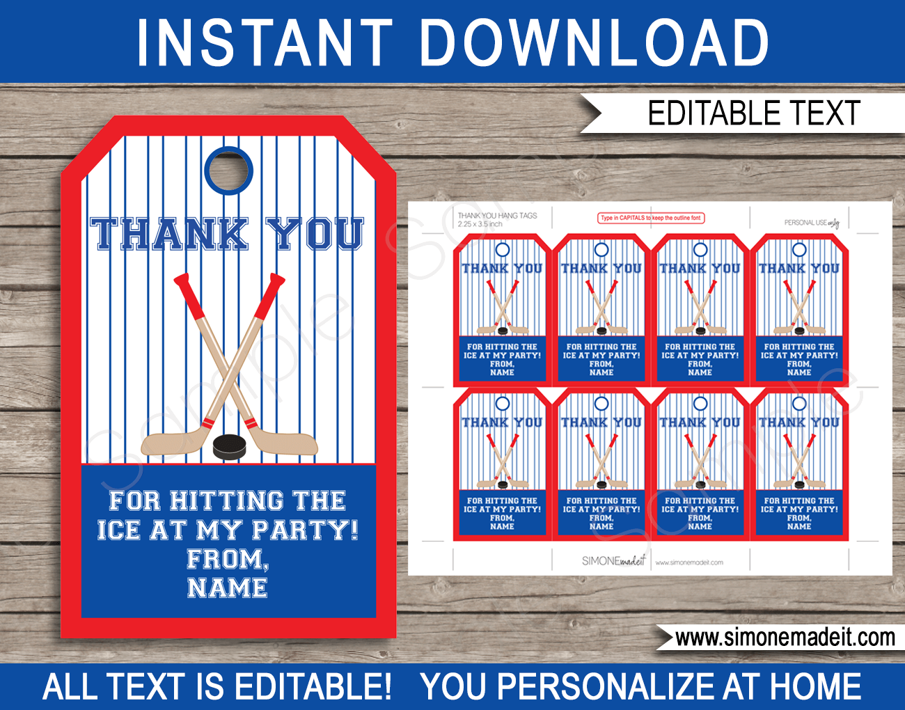 Hockey Party Favor Tags | Thank You Tags | Birthday Party | Editable DIY Template | $3.00 INSTANT DOWNLOAD via SIMONEmadeit.com