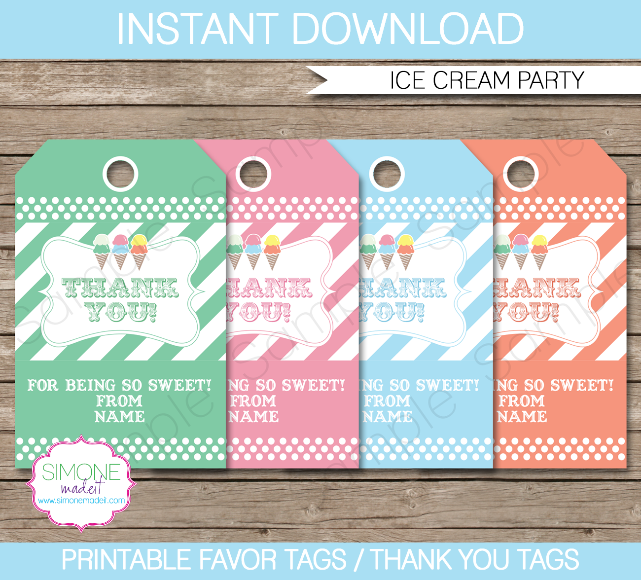 Ice Cream Party Favor Tags | Thank You Tags | Birthday Party | Editable DIY Template | $3.00 INSTANT DOWNLOAD via SIMONEmadeit.com