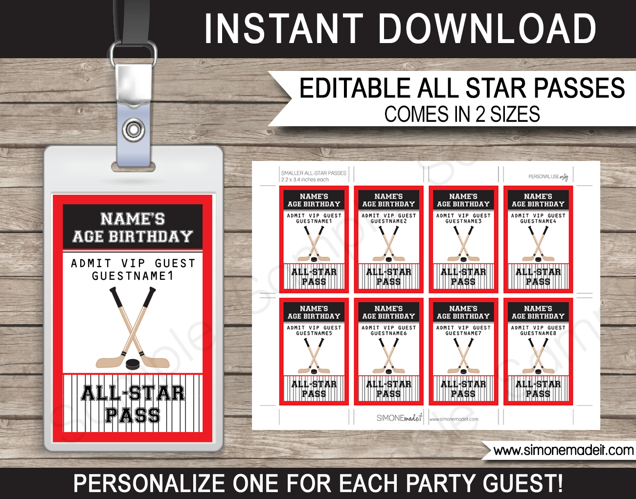 Hockey Birthday Party All Star VIP Passes | Printable Inserts | Party Favors | Editable DIY Template | $3.50 INSTANT DOWNLOAD via SIMONEmadeit.com