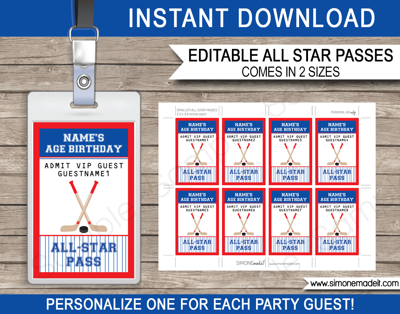 Hockey Party All Star VIP Passes | Printable Inserts | Party Favors | Birthday Party | Editable DIY Template | $3.50 INSTANT DOWNLOAD via SIMONEmadeit.com