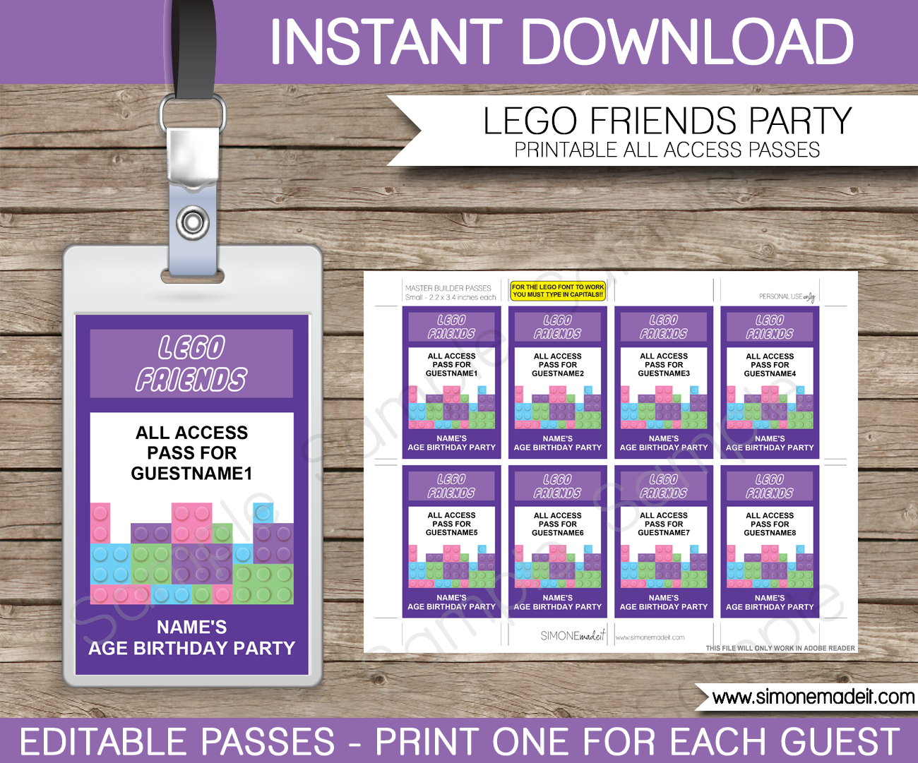 Lego Friends Party Passes | Printable Inserts | All Access Passes | Birthday Party | Editable DIY Template | $3.50 INSTANT DOWNLOAD via SIMONEmadeit.com
