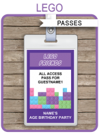 Lego Friends Party Passes | All Access Passes | printable inserts | Birthday Party | Editable DIY Template