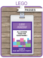 Lego Friends Party Passes | All Access Passes | printable inserts | Birthday Party | Editable DIY Template