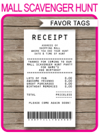 Mall Scavenger Hunt Favor Tags | Receipt | Thank You Tags | Editable Birthday Party Template