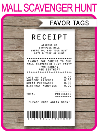 Mall Scavenger Hunt Favor Tags Receipt Tags Thank You Tags